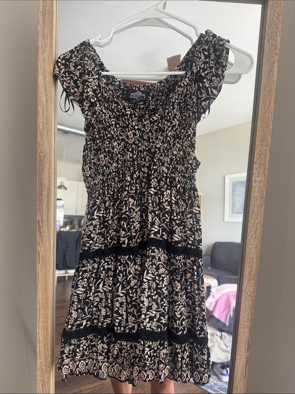 Black & Cream Floral Smocked Mini Dress